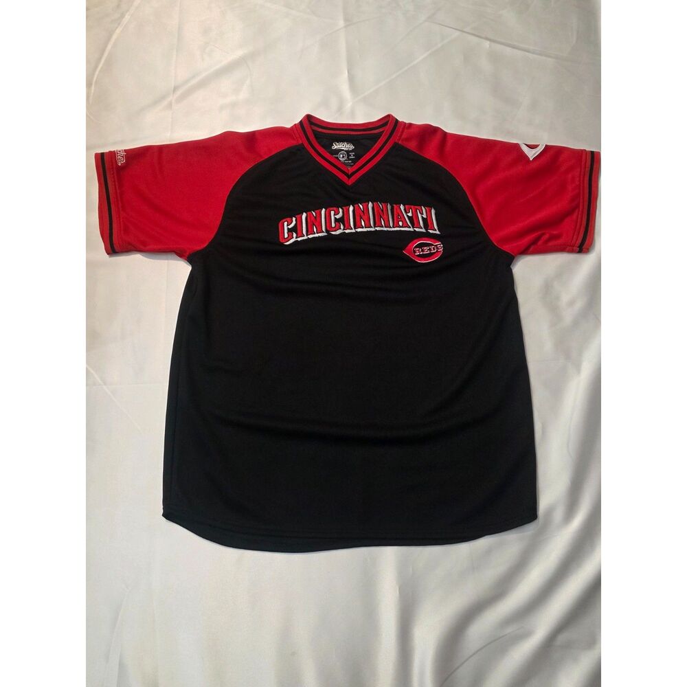 Stitches Mens XL Cincinnati Reds Jersey Black Red MLB Baseball Shirt 25x30.5